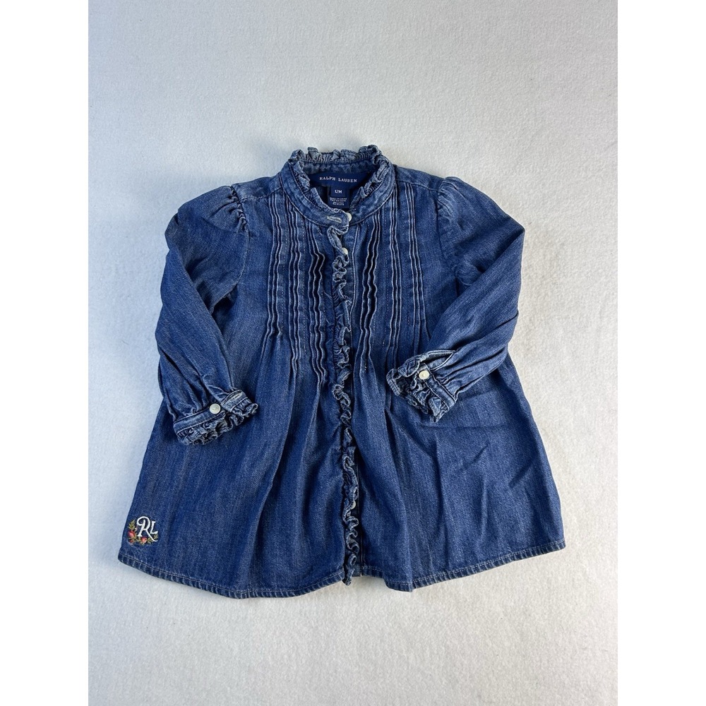 Polo Ralph Lauren 12 M Toddler Girl Blue Denim Long Ruffle Sleeve Shirt Dress